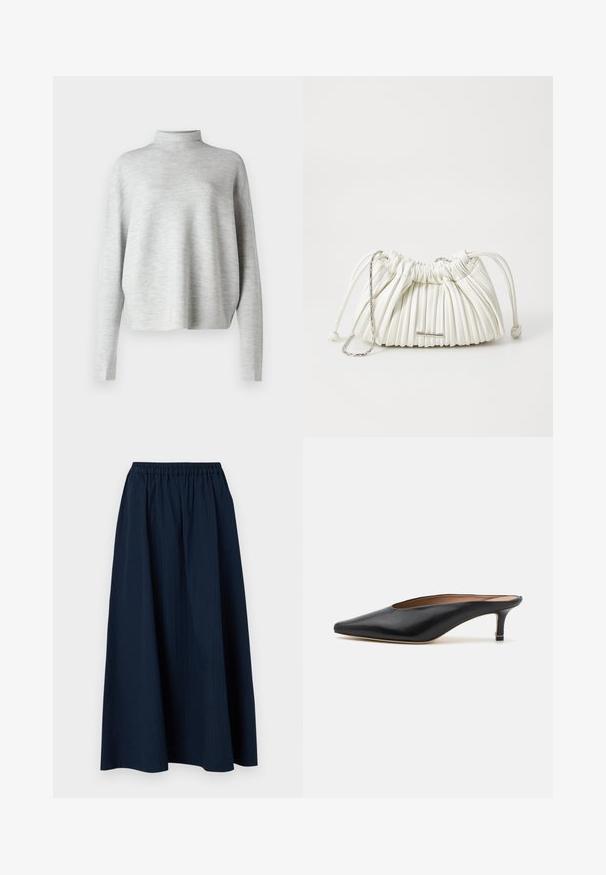 Black puffer jacket with a hood, featuring a quilted design, snap buttons, and two front pockets. Elastic cuffs and a slightly cropped fit.; Light gray turtleneck sweater, made of soft fabric, featuring long sleeves and a relaxed fit, with a smooth, fine texture.; Navy blue, full-length skirt made from textured fabric with an elastic waistband and subtle vertical stripes.; Black leather mules with a pointed toe and low, block heel. Smooth texture with a sleek design. Open back with minimal detailing.; White pleated handbag made of soft material. Features drawstring closure, braided handles, and a silver-tone hardware accent.