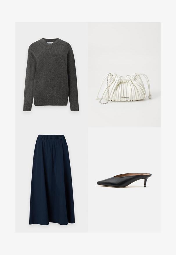 Schwarze Pufferjacke mit Kapuze, ausgestattet mit einem gesteppten Design, Druckknöpfen und zwei Fronttaschen. Elastische Bündchen und ein leicht verkürzter Schnitt.; Grauer V-Ausschnitt-Pullover aus weichem Wollmix, mit langen Ärmeln und lockerer Passform. Einfaches, minimalistisches Design ohne auffällige Muster.; Navyblaue, knöchellange Skirt aus strukturiertem Stoff mit einem elastischen Bund und dezenten vertikalen Streifen.; Schwarze Leder-Mules mit spitzem Zehenbereich und niedrigem Blockabsatz. Glatte Textur mit elegantem Design. Offene Rückseite mit minimaler Gestaltung.; Weiße plissierte Handtasche aus weichem Material. Verfügt über einen Kordelzugverschluss, geflochtene Griffe und ein silberfarbenes Hardware-Detail.