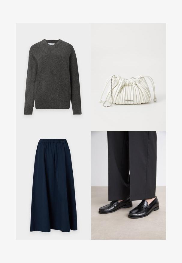 Black puffer jacket with a hood, featuring a quilted design, snap buttons, and two front pockets. Elastic cuffs and a slightly cropped fit.; Gray v-neck sweater made of soft wool-blend fabric, featuring long sleeves and a relaxed fit. Simple, minimal design with no prominent patterns.; Navy blue, full-length skirt made from textured fabric with an elastic waistband and subtle vertical stripes.; Black leather loafers with a smooth finish, stitched detailing around the toe, and a low rubber sole. Paired with wide black trousers.; White pleated handbag made of soft material. Features drawstring closure, braided handles, and a silver-tone hardware accent.