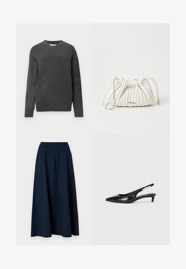 Black puffer jacket with a hood, featuring a quilted design, snap buttons, and two front pockets. Elastic cuffs and a slightly cropped fit.; Gray v-neck sweater made of soft wool-blend fabric, featuring long sleeves and a relaxed fit. Simple, minimal design with no prominent patterns.; Navy blue, full-length skirt made from textured fabric with an elastic waistband and subtle vertical stripes.; Black leather slingback heels with a pointed toe, featuring a slim heel and a gold-tone accent on the adjustable strap. Smooth texture.; White pleated handbag made of soft material. Features drawstring closure, braided handles, and a silver-tone hardware accent.