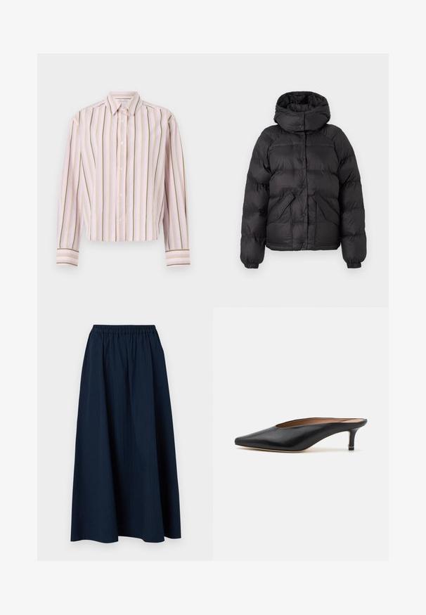 Zwarte pufferjas met een capuchon, voorzien van een gewatteerd ontwerp, drukknoopsluitingen en twee voorzakken. Elastische manchetten en een iets cropped fit.; Lichtroze gestreepte shirt met verticale lijnen in groen en geel, knoopsluiting en lange mouwen met contrasterende manchetten.; Marineblauwe, lange rok gemaakt van textuurstof met een elastische tailleband en subtiele verticale strepen.; Zwarte leren muiltjes met een puntige neus en een lage, blokhak. Glad oppervlak met een gestroomlijnd ontwerp. Open achterkant met minimale details.