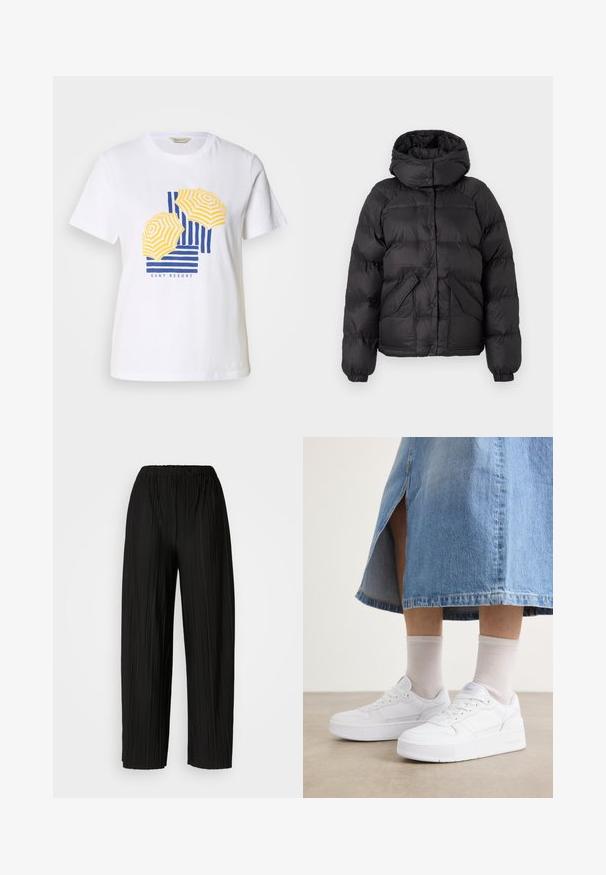 Musta puhvitakki hupulla, jossa on tikattu muotoilu, napit ja kaksi etutaskua. Elastiset hihansuut ja hieman lyhyempi malli.; Valkoinen puuvillainen t-paita, jossa on graafinen kuvasto keltaisista ja sinisistä raidoista tehtyjen rantavarjojen kanssa, ja tekstinä "GANT RESORT" alareunassa.; Mustat leveälahkeiset housut, joissa on joustava vyötärö. Kankaassa on pystysuoria poimuja ja sileä pinta.; Valkoiset tennarit, joissa on teksturoitu nahka, erikoisuutena korkea pohja, pyöreä kärki ja nauhoitusjärjestelmä; yhdistetty vaaleanharmaisiin perussukkiin ja farkkuhameeseen.