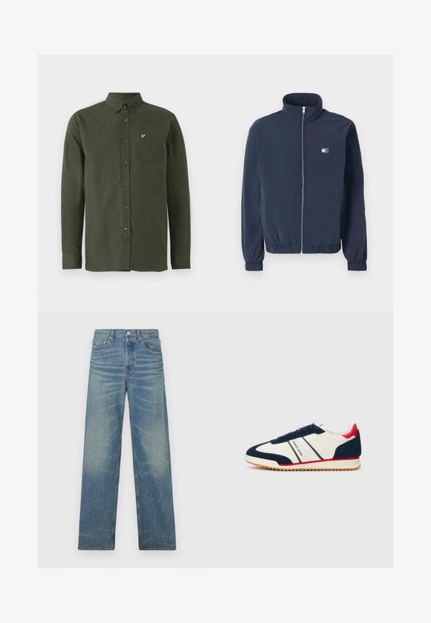 Giacca blu navy con zip, colletto alto, polsini ed orlo elasticizzati, e piccolo logo Tommy Jeans sul lato sinistro del petto.; Camicia verde scuro a maniche lunghe con bottoni e colletto button-down, taschino sul petto e piccolo logo di un uccellino giallo ricamato sulla tasca.; Jeans a gamba dritta blu con lavaggio sbiadito, leggere macchie di vernice, bottone frontale e design a cinque tasche su sfondo bianco.; Sneaker bianco con accenti blu navy e rossi, suola testurizzata, design con lacci e marchio "Tommy Jeans" sul lato.