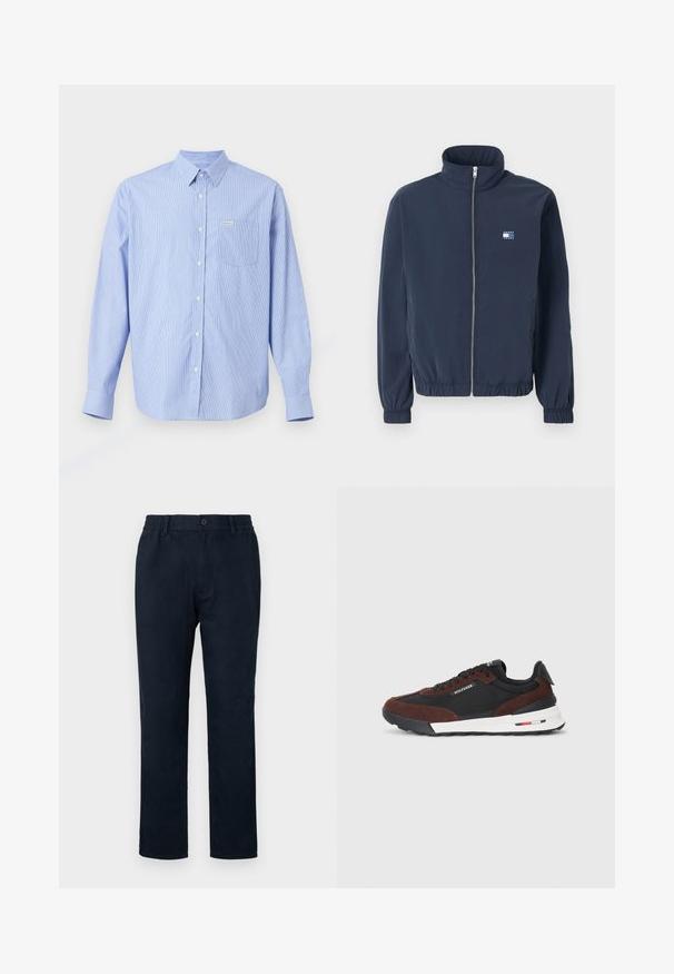 Sötétkék cipzáras dzseki magas gallérral, elasztikus mandzsettákkal és alsó résszel, valamint a bal mellrészen található kis Tommy Jeans logo.; Világoskék ing, függőleges fehér csíkokkal, hosszú ujjakkal, hegyes gallérral, egyetlen mellzsebbel és egy kis márkacímkével.; Tengerészkék chino nadrág, elasztikus derékkal, elülső gombos záródással és egyenes lábbetétekkel. Simító textúra, látható minták nélkül.; Tommy Hilfiger RETRO RUNNER MIX - Sportcipő - black/cocoa
