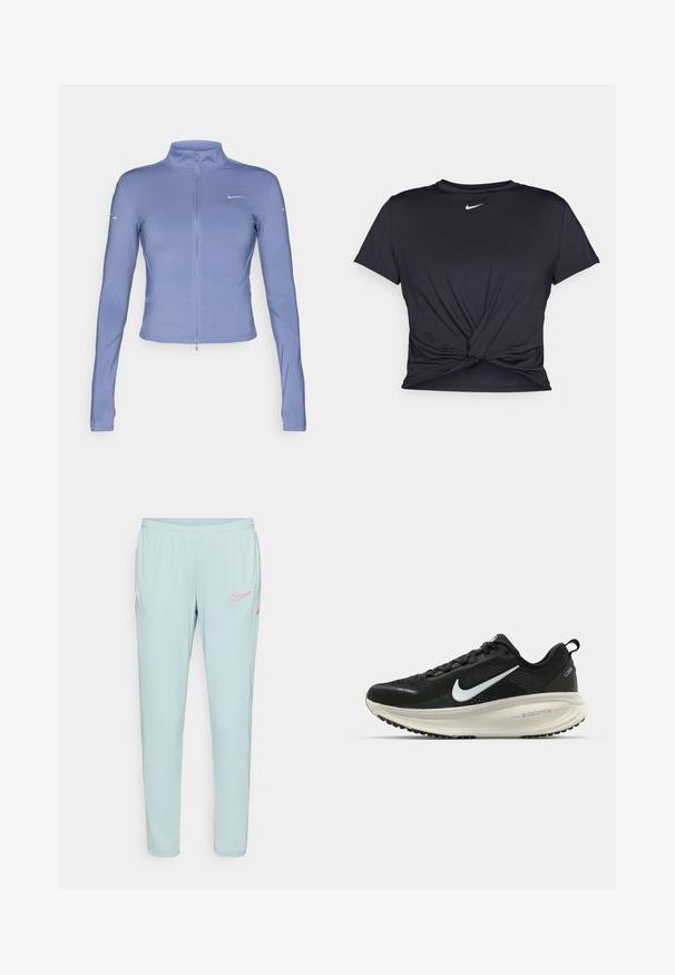 Light blue zip-up jacket made of stretchy fabric, featuring long sleeves, a high collar, and a small logo on the chest.; Black athletic t-shirt made of smooth fabric, featuring a knotted front design and a small white Nike logo on the chest.; Light blue Nike sweatpants with a smooth texture, elastic waistband, and pink logo accents on the left thigh and pockets.; Black Nike running shoe with breathable mesh upper, white swoosh logo, textured detailing, and a cream-colored ZoomX midsole.