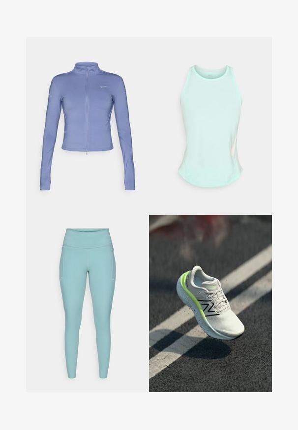 Šviesiai mėlynas užtrauktuku užsegamas džemperis, pagamintas iš tamprios medžiagos, su ilgomis rankovėmis, aukšta apykakle ir mažu logotipu ant krūtinės.; Mėtų žalios spalvos sportinis liemenėle su prigludusia forma. Savybės apvalus iškirpimas, lenktos atgal stiliaus pečių juostos ir subtilūs šoninių išpjovimų elementai vėdinimui.; Šviesiai mėlynos legging'ų kelnės, pagamintos iš elastingos medžiagos, su aukšta juosmens juosta, be siūlių dizainu ir minimaliais baltais akcentais šonuose.; Balti ir neonžalia New Balance bėgimo bateliai ore virš asfalto su baltomis juostų žymėmis.