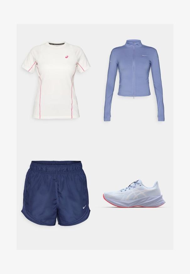 Svetlomodrá zipsová bunda z elastického materiálu, s dlhými rukávmi, vysokým golierom a malým logom na hrudi.; Biela atletická košeľa s krátkym rukávom, so strapcami a rukávmi s ružovým prešitím, s malým ružovým logom Asics na hrudi.; Námornícke športové šortky s elastickým pásom a bočnými sieťovanými panelmi. Obsahujú malé biele logo Nike v dolnom ľavom rohu.; Svetlomodrá športová obuv s textúrovaným sieťovým zvrškom, bielymi logovými akcentmi, polstrovanou podrážkou a ružovou podrážkou. Má elegantný, ergonomický dizajn.