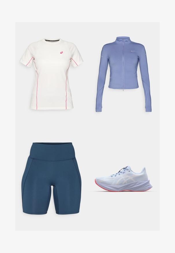 Világoskék, cipzáras dzseki rugalmas anyagból, hosszú ujjakkal, magas gallérral és egy kis logóval a mellrészen.; Fehér, rövid ujjú sportpóló rózsaszín varrással az oldalakon és az ujjakon, a mellrészen pedig egy kis rózsaszín Asics logóval.; Sötétkék edzőnadrág magas derékkal, sima textúrával és lapos varrásokkal. Testhez simuló fazon, amely a comb közepéig ér.; Világoskék sportcipő, texturált hálós felsőrésszel, fehér logóakkorral, párnázott talppal és rózsaszín talppal. Sleek, ergonómikus dizájn jellemzi.