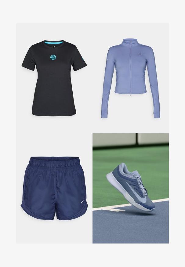 Világoskék, cipzáras dzseki rugalmas anyagból, hosszú ujjakkal, magas gallérral és egy kis logóval a mellrészen.; Fekete, rövid ujjú póló puha anyagból, kerek nyakkivágással és világoskék hímzett logóval a mellkason.; Tengeri kék sportnadrág, rugalmas derékkal és oldalsó hálós panelek. A bal alsó oldalon egy kis fehér Nike logó található.; Könnyű kék és sötétkék sportrüszke, textúrált felsőrésszel, lapos fűzőkkel és könnyű fehér talppal. Emelt pozícióban egy pálya fölött.