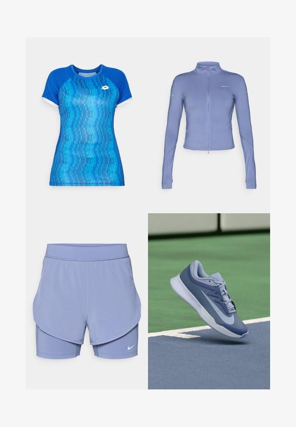Heled sinine tõmbluku jope, mis on valmistatud venivast kangast, pikad varrukad, kõrge krae ja väike logo rinnal.; Sinine sportlik T-särk lühikeste varrukatega, millel on tekstuuriga abstraktne muster erinevates sinise toonides ja valged aktsendid varrukatel.; Nike lühikesed püksid helesinises toonides, millel on kihiline disain, koos sisemise sobiva vooderdusega ja välise lahtise istuvusega. Painduva vöökoha jaoks mugavuse tagamiseks.; Spordijalatsid helesinises ja tumesinises värvitoonis, millel on tekstuuriga pealis, lame nööridega ja kerge valge tallaga. Üles tõstetud väljakupinna kohal.
