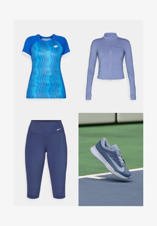 Gaiši zils rāvējslēdzēja jaku, kas izgatavota no elastīga auduma, ar garām piedurknēm, augstu apkakli un mazu logo uz krūtīm.; Zila sporta T-krekls ar īsām piedurknēm, kuram ir teksturēts, abstrakts raksts dažādās zila toņos un balti akcenti uz piedurknēm.; Tumsas zilas capri legingi, izgatavoti no elastīga auduma, ar platām jostām un mazu baltu logo kreisajā pusē. Nav redzamu šuvju.; Sporta apavi gaiši zilā un tumši zilā krāsā, ar strukturētu augšējo daļu, plakanu šņoru un vieglu balto zoli. Novietoti virs laukuma virsmas.