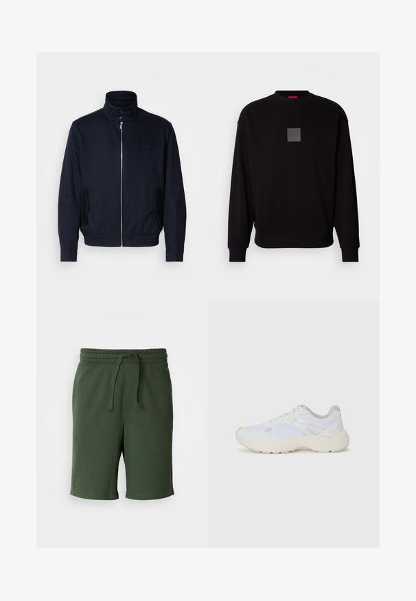 Marineblå jakke med høy krage, glidelås foran, sidelommer og ribbestrikkede mansjetter. Glatt tekstur med en subtil logo detaljer på brystet.; Svart genser med lange ermer, rund halslinning, et grått firkantet logo på forsiden, myk tekstur og ribbet mansjetter og kant.; Mørkegrønne shorts med elastisk midjebånd, snorjustering, lommer og et mykt bomullsblandingsmateriale. Midt-lår lengde.; Hvit idrettssko laget av mesh og skinn, med en teksturert mellomsåle, teksturerte detaljer og "HUGO"-logo på siden.