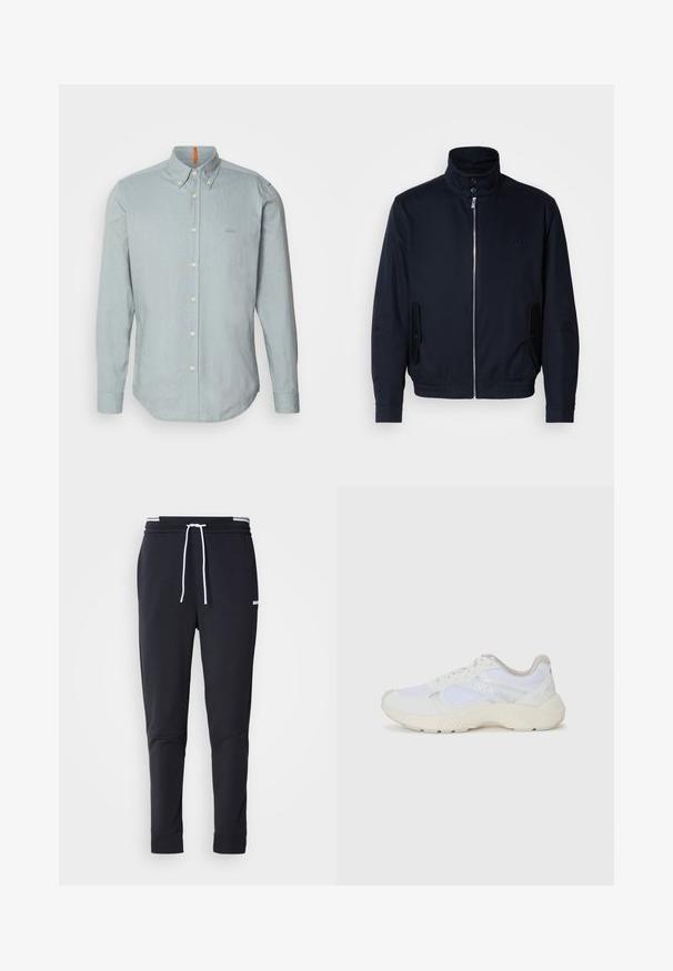 Veste bleu marine avec un col haut, fermeture éclair à l'avant, poches latérales et poignets côtelés. Texture lisse avec un détail logo subtil sur la poitrine.; Pull en tricot bleu marine avec des manches longues, un col ras du cou, des poignets et un ourlet côtelés, arborant un petit logo carré sur la poitrine.; Chemise boutonnée bleu clair en tissu texturé, avec un col pointu, des manches longues et un petit logo brodé sur la poitrine.; Pantalons de jogging slim-fit noirs avec cordon blanc, taille élastique avec rayures blanches et petit logo blanc sur la cuisse supérieure.; Baskets de sport blanches en mesh et en daim, avec une semelle intermédiaire texturée, des accents texturés et le logo "HUGO" sur le côté.