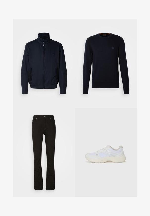 Marinblå jacka med hög krage, frontdragkedja, sidofickor och ribbade ärmar. Slät textur med en diskret logodetalj på bröstet.; Marinblå stickad tröja med långa ärmar, rundad halsringning, ribbade manschetter och nederkant, med en liten fyrkantig logotyp på bröstet.; Svarta denimjeans med rak bendesign, med framfickor, dragkedja och silverfärgade detaljer. Slät textur, utan mönster.; Vitaidrottsskor i mesh och mocka med en strukturerad mellansula, texturerade accenter och "HUGO"-logotypen på sidan.