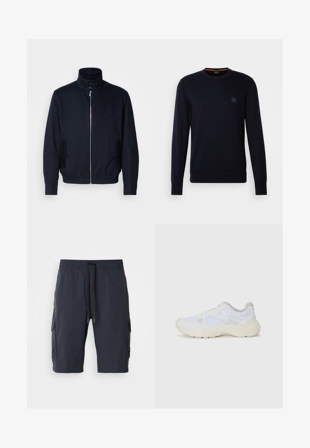 Tamsiai mėlyna striukė su aukšta apykakle, priekine užtrauktuku, šoninėmis kišenėmis ir gipiūriniais rankogaliais. Lygus paviršius su subtiliu logotipu ant krūtinės.; Tamsiai mėlynas megztinis su ilgomis rankovėmis, apvaliu iškirpimu, kantais ant rankovių ir apačios, su mažu kvadratiniu logotipo ženkleliu krūtinėje.; Jūriniai krovinių šortai su elastine juostele, raišteliu priekyje, šoninėmis kišenėmis ir glotnia tekstūra. Patvari medžiaga, tinkama kasdieniam nešiojimui.; Balti sportiniai bateliai, pagaminti iš tinklinės medžiagos ir zomšos, su tekstūruotu viduriu, tekstūruotais akcentais ir „HUGO“ logotipu šone.