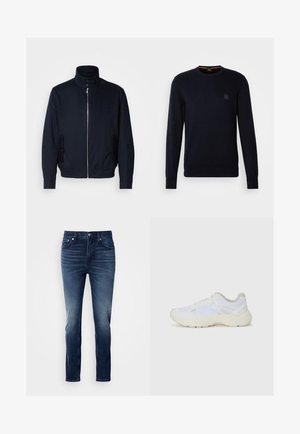 Casaco azul marinho com colarinho alto, fecho éclair frontal, bolsos laterais e punhos canelados. Textura suave com um detalhe logo discreto no peito.; Suéter de malha azul-marinho com mangas longas, decote redondo, punhos e bainha canelados, apresentando um pequeno patch logo quadrado no peito.; Jeans de brim azul escuro com um design de perna reta, leve desbotamento, cinco bolsos e um fecho de botão na cintura. Textura suave.; Ténis brancos desportivos feitos de malha e camurça, com uma entressola texturizada, elementos texturizados e o logótipo "HUGO" na lateral.