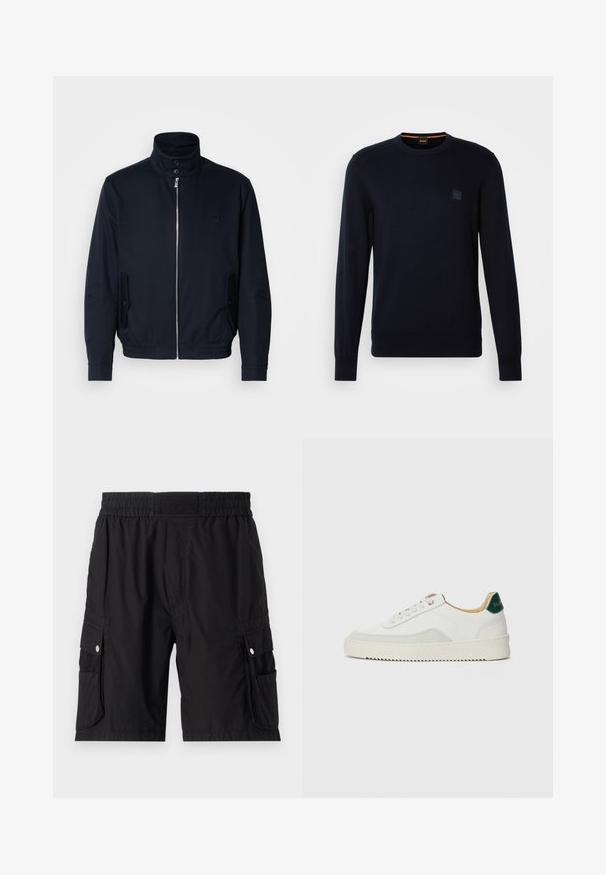 Marineblaue Jacke mit hohem Kragen, Vorderreißverschluss, seitlichen Taschen und gerippten Bündchen. Glatte Textur mit einem dezenten Logodetail auf der Brust.; Marineblauer Strickpullover mit langen Ärmeln, Rundhalsausschnitt, gerippten Bündchen und Saum, mit einem kleinen quadratischen Logo-Patch auf der Brust.; Schwarze Cargo-Shorts aus leichtem Stoff, mit einem elastischen Bund, Seitentaschen und silbernen Druckknopf-Akzenten.; Weiße Sneaker mit Wildlederelementen, runder Zehenpartie, flachen Schnürsenkeln und einer cremefarbenen Gummisohle. Mit grünen Markenlogo am Fersenbereich.