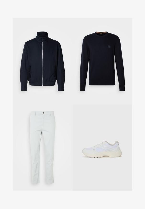 Mornarsko moder plašč z visokim ovratnikom, sprednjim zadrge, stranskimi žepi in rebrastimi manšetami. Gladka tekstura s subtilno detajlom logotipa na prsih.; Dolg rokav modro-črni pleteni pulover s krožnim izrezom, ribastimi manšetami in robom, na prsih pa je majhna kvadratna logotipna nalepka.; Svetlozeleni bombažni hlače s ravnim krojem, ki imajo sprednjo zapenjalo na gumb in stranske žepe. Gladka tekstura, brez vidnih vzorcev.; Bela športna obuvala iz mrežastega in semiš materiala, z teksturiranim podplatom, teksturiranimi dodatki in logotipom "HUGO" na strani.