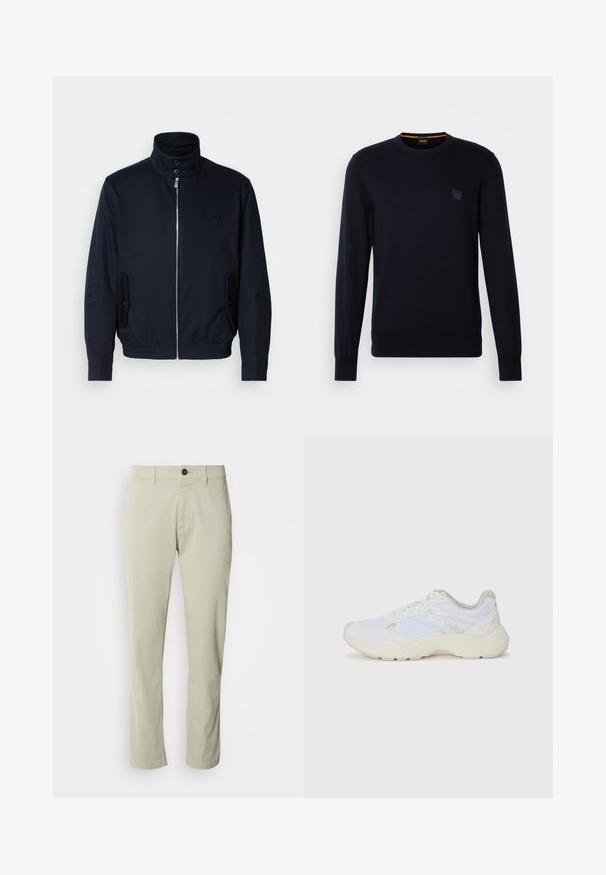 Tumesinine jope, millel on kõrge krae, ees tõmblukk, küljetaskud ja soonikkoes varrukad. Sile tekstuur koos õrnalt logo detailiga rinna piirkonnas.; Tumedan sinine kudumipullover, millel on pikad varrukad, ümar kaelus, soonikkraed ja -ääred ning rinnal väike ruudukujuline logo silt.; Beez värvi puuvillased chinod sirge lõikega, tõmblukuga ja ühe nööriga kinni. Omab vöökotte ja siledat tekstuuri.; Valged sportlikud jalanõud, mis on valmistatud võrkkangast ja seemisnahast, sisaldavad tekstureeritud vahetald, tekstureeritud aktsentide ning küljes oleva "HUGO" logo.