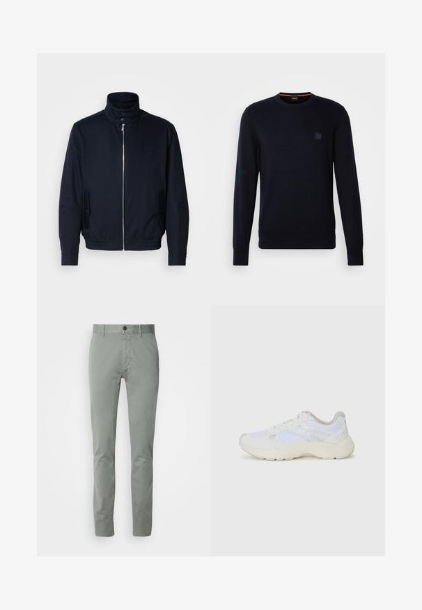 Námořnická modrá bunda s vysokým límcem, předním zipem, bočními kapsami a žebrovanými manžetami. Hladká textura s jemným logem na hrudi.; Námornícka modrá pletená mikina s dlhými rukávmi, okrúhlym výstrihom, rebrovanými manžetami a lemom, s malou štvorcovou nášivkou na hrudi.; Svetlošedé chinos nohavice vyrobené z bavlny s rovnými nohavicami, s gombíkovým zapínaním a bočnými vreckami. Hladká textúra a minimalistický dizajn.; Biele atletické topánky vyrobené z materiálov sieťoviny a semišu, s textúrovanou strednou podošvou, textúrovanými akcentmi a logom "HUGO" na boku.