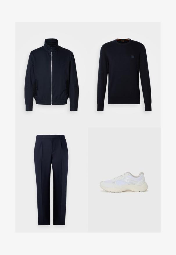 Námořnická modrá bunda s vysokým límcem, předním zipem, bočními kapsami a vroubkovanými manžetami. Hladká textura s jemným logem na hrudi.; Tmavě modrý pletený svetr s dlouhými rukávy, kulatým výstřihem, ribbovanými manžetami a lemem, s malou čtvercovou nášivkou loga na hrudi.; Tmavě modré kalhoty na míru z texturované látky, s přímým střihem, předními záhyby a klasickým pasem s poutky na opasek.; Bílé sportovní boty vyrobené z síťoviny a semiše, s texturovanou mezipodešví, texturovanými akcenty a logem "HUGO" na boku.