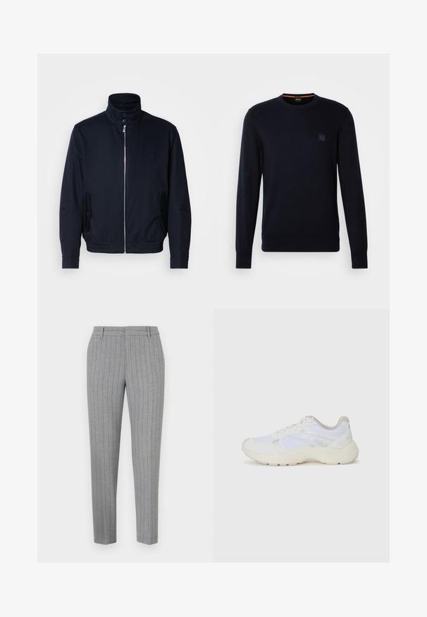 Mornarsko moder plašč z visokim ovratnikom, sprednjim zadrge, stranskimi žepi in rebrastimi manšetami. Gladka tekstura s subtilno detajlom logotipa na prsih.; Dolg rokav modro-črni pleteni pulover s krožnim izrezom, ribastimi manšetami in robom, na prsih pa je majhna kvadratna logotipna nalepka.; Sive prugaste hlače s krojenjem. Imajo raven sprednji del, obroče za pas in ozko prileganje. Gladek tekstura tkanine.; Bela športna obuvala iz mrežastega in semiš materiala, z teksturiranim podplatom, teksturiranimi dodatki in logotipom "HUGO" na strani.
