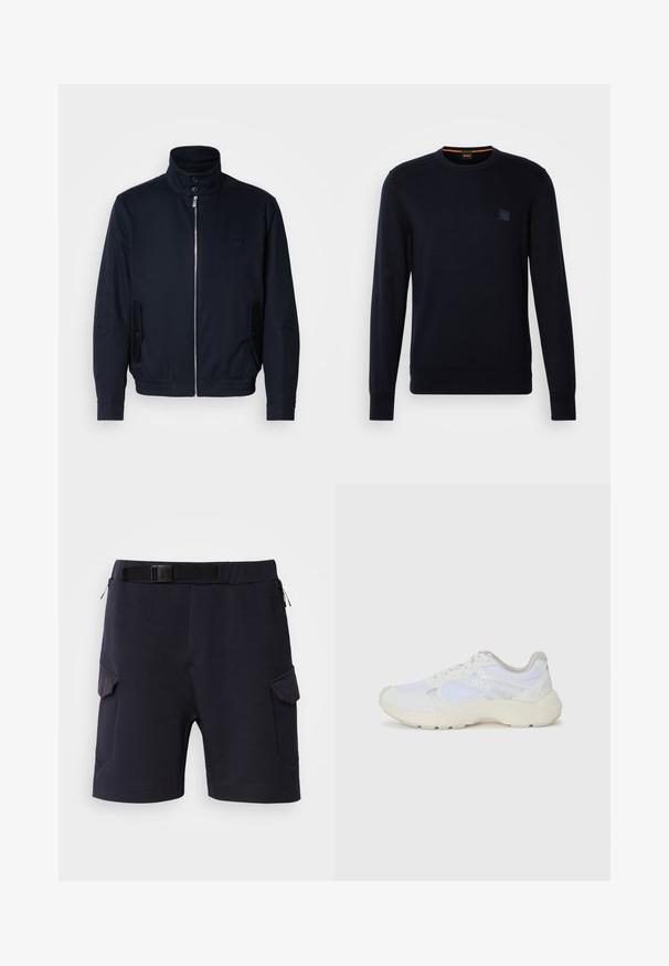 Tengerészkék dzseki magas gallérral, elülső cipzárral, oldalsó zsebekkel és bordázott mandzsettákkal. Sima felület, amelyen diszkrét logórészlet található a mellrészen.; Sötétkék kötött pulóver hosszú ujjakkal, kerek nyakkal, bordás mandzsettával és szegéllyel, kis négyzet alakú logóval a mellkason.; Tengerészhadászok sima anyagból készült övvel, két oldalsó zsebbel és szögletes díszítéssel a lábakon.; Fehér sportcipők, amelyek hálós és velúr anyagból készültek, texturált középtalppal, texturált részletekkel és a "HUGO" logóval az oldalon.
