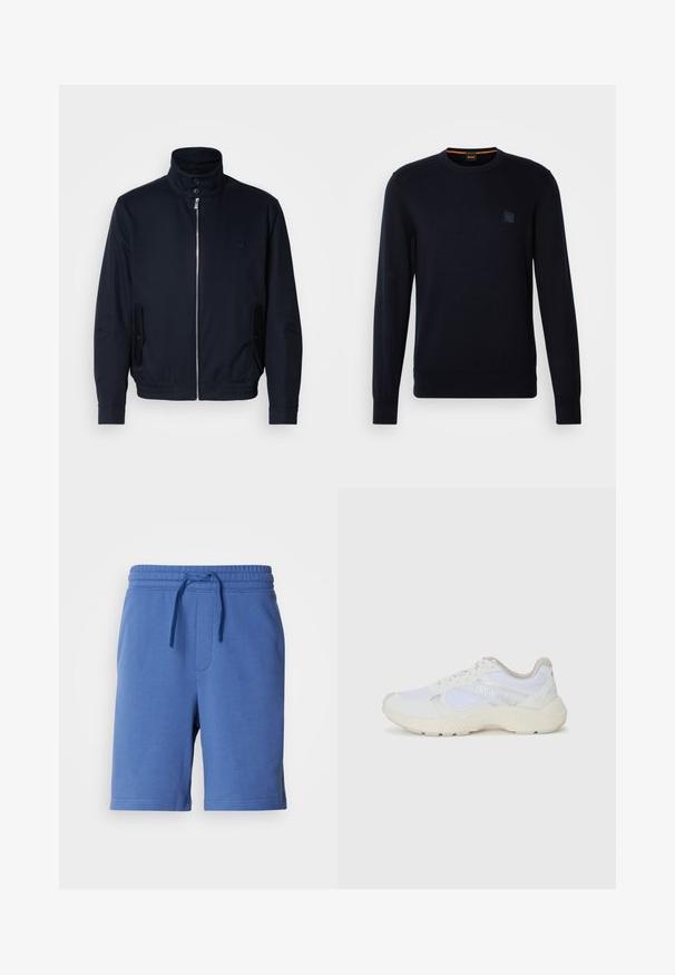 Marineblauwe jas met hoge kraag, voorsluiting met rits, zijzakken en ribgebreide manchetten. Gladde textuur met een subtiele logo-detail op de borst.; Marineblauwe gebreide trui met lange mouwen, ronde hals, geribbelde manchetten en zoom, met een klein vierkant logo-opdruk op de borst.; Blauwe katoenen shorts met een elastische tailleband, trekkoord en zijzak. Zachte textuur, knielange uitstraling, minimale merkdetails.; Witte sportief schoenen van mesh en suede, met een gestructureerde tussenzool, gestructureerde accenten en het "HUGO" logo aan de zijkant.
