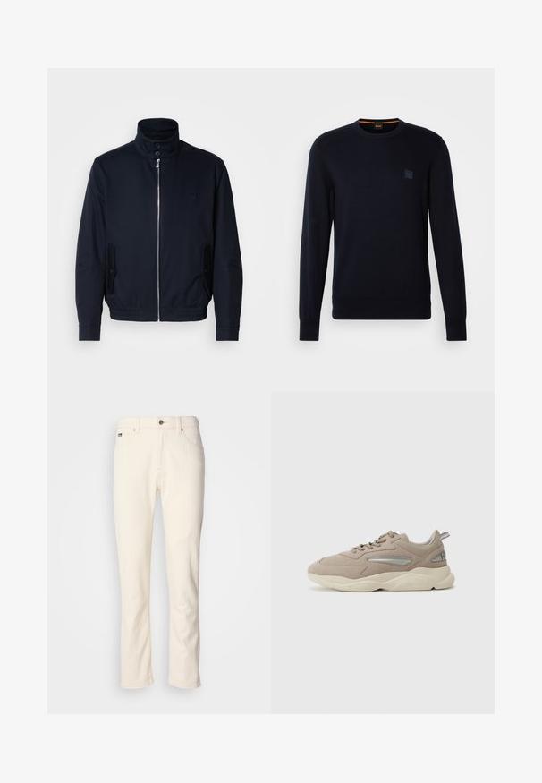 Navy blue jacket with a high collar, front zipper, side pockets, and ribbed cuffs. Smooth texture with a subtle logo detail on the chest.; Navy blue knit sweater with long sleeves, crew neckline, ribbed cuffs and hem, featuring a small square logo patch on the chest.; Off-white straight-leg jeans with button closure, belt loops, and front pockets against a plain background.; Beige suede sneaker with a textured finish, featuring silver accents, thick cream sole, and a padded collar. Laces run through eyelets on top.