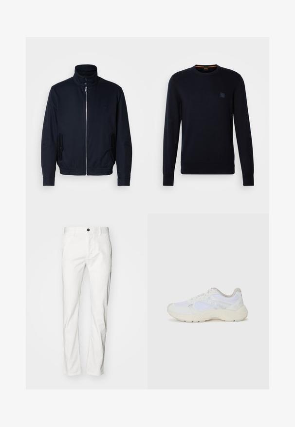 Jūras zils žakets ar augstu apkakli, priekšējo rāvējslēdzi, sānu kabatām un ribotajiem piedurknēm. Gluda tekstūra ar nelielu logotipa detaļu uz krūšu.; Tumši zils adīts džemperis ar garām piedurknēm, apaļu kakla izgriezumu, ribotu piedurkņu un apakšmalu, ar nelielu kvadrātveida logo uz krūtīm.; Baltas kokvilnas bikses ar taisnu griezumu, ar pogu aizdari un kabatām, gluda tekstūra un minimālisma stils.; Baltas sporta apavi, kas izgatavoti no sieta un zamšāda, ar teksturētu starpzoli, teksturētām akcentēm un "HUGO" logo sānos.