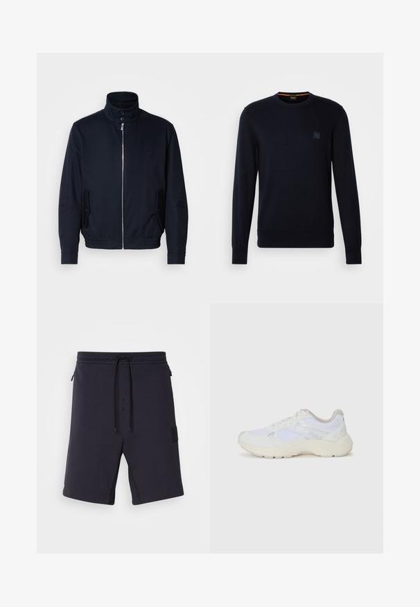 Námořnická modrá bunda s vysokým límcem, předním zipem, bočními kapsami a vroubkovanými manžetami. Hladká textura s jemným logem na hrudi.; Tmavě modrý pletený svetr s dlouhými rukávy, kulatým výstřihem, ribbovanými manžetami a lemem, s malou čtvercovou nášivkou loga na hrudi.; Tmavě námořnické šortky s hladkou texturou, elastickým pasem, šňůrkou na stažení a bočními kapsami. Na boku se nachází černá nášivka s logem.; Bílé sportovní boty vyrobené z síťoviny a semiše, s texturovanou mezipodešví, texturovanými akcenty a logem "HUGO" na boku.