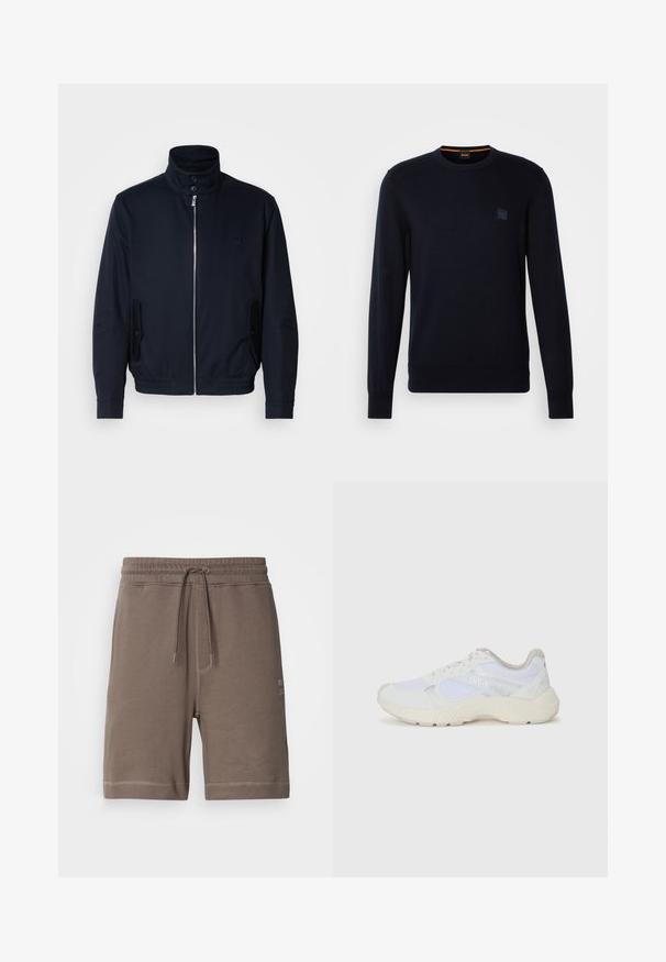 Laivansinis takki, jossa on korkea kaulus, edessä vetoketju, sivutaskut ja ribattu hihansuu. Sileä pinta, jossa on hienovarainen logo-ominaisuus rinnassa.; Tumman sininen neulepusero, jossa on pitkät hihat, pyöreä kaula-aukko, ribattuja hihansuita ja helma, ja jossa on pieni neliölogo-pliisi rinnassa.; Ruskeat puuvillasekoitesortsit, joissa on joustava vyötärö, säädettävä naru ja sivutaskut. Sisältää kontrastiväriset ompeleet ja logopatchin.; Valkoiset urheilukengät, jotka on valmistettu verkkokankaasta ja mokasta, sisältävät tekstuurillisen välipohjan, teksturoituja yksityiskohtia ja "HUGO"-logon sivussa.
