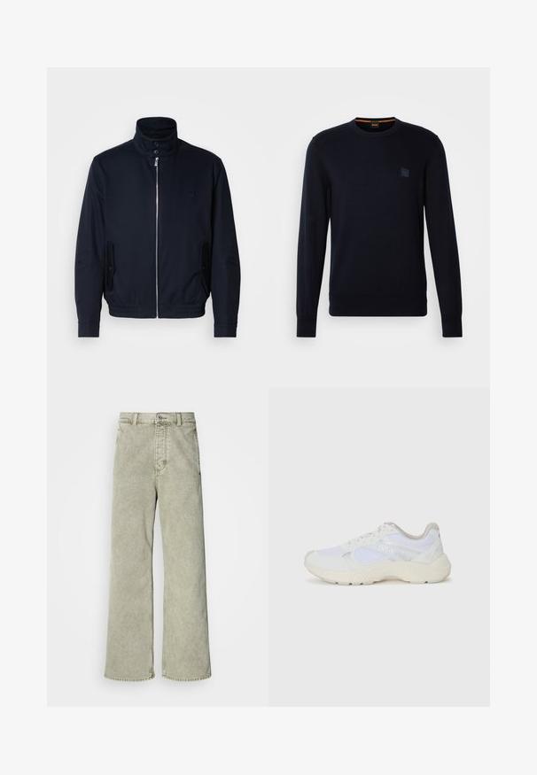 Marineblå jakke med høj krave, frontlynlås, sidelommer og ribstrikkede manchetter. Glat tekstur med en diskret logo detaljer på brystet.; Marineblå strikket trøje med lange ærmer, rund halsudskæring, ribbede manchetter og kant, med et lille firkantet logo-patch på brystet.; Lys grøn brede jeans med høj talje, lavet af denim, med knaplukning og klassisk fem-lommer design.; Hvide sportssko lavet af mesh og ruskind, med en struktureret mellemsål, strukturerede detaljer og "HUGO"-logoet på siden.