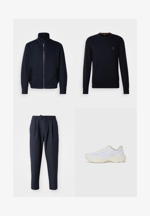 Marineblauwe jas met hoge kraag, voorsluiting met rits, zijzakken en ribgebreide manchetten. Gladde textuur met een subtiele logo-detail op de borst.; Marineblauwe gebreide trui met lange mouwen, ronde hals, geribbelde manchetten en zoom, met een klein vierkant logo-opdruk op de borst.; Marineblauwe broek met een elastische tailleband, trekkoorddetail, taps toelopend ontwerp, gladde textuur en zijzakken.; Witte sportief schoenen van mesh en suede, met een gestructureerde tussenzool, gestructureerde accenten en het "HUGO" logo aan de zijkant.