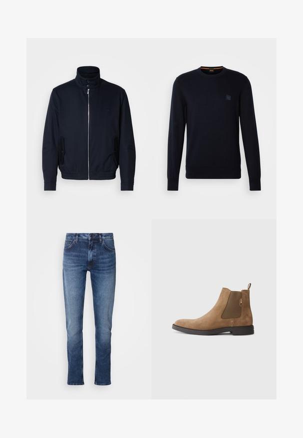 Jachetă bleumarin cu guler înalt, fermoar frontal, buzunare laterale și mansete cu nervuri. Textură netedă cu un detaliu subtil al logo-ului pe piept.; Pulover din tricot de culoare albastru marin, cu mâneci lungi, guler rotund, manșete și tiv ondulat, având un mic patch cu logo pătrat pe piept.; Jeanși din denim de un albastru mediu, cu un design drept, având închidere cu buton și fermoar, cu un stil clasic cu cinci buzunare și detalii ușor decolorate.; Boots Chelsea din suede maro, cu panouri elastice pe lateral și o bucată de prindere. Prezintă un vârf rotunjit și o talpă plată din cauciuc pentru stabilitate.
