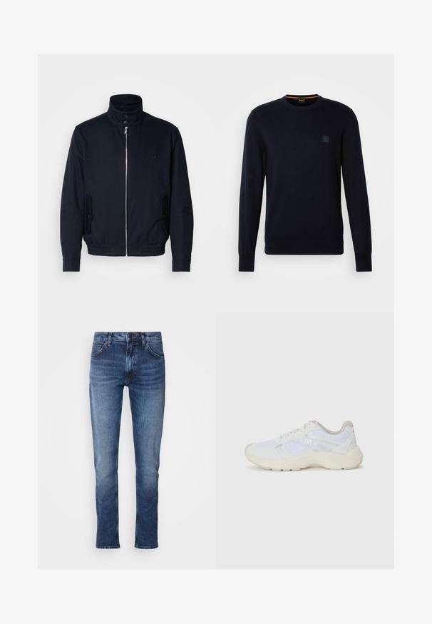 Jachetă bleumarin cu guler înalt, fermoar frontal, buzunare laterale și mansete cu nervuri. Textură netedă cu un detaliu subtil al logo-ului pe piept.; Pulover din tricot de culoare albastru marin, cu mâneci lungi, guler rotund, manșete și tiv ondulat, având un mic patch cu logo pătrat pe piept.; Jeanși din denim de un albastru mediu, cu un design drept, având închidere cu buton și fermoar, cu un stil clasic cu cinci buzunare și detalii ușor decolorate.; Adidași albi, din plasă și piele întoarsă, cu o talpă intermediară texturată, accente texturate și logo-ul "HUGO" pe lateral.