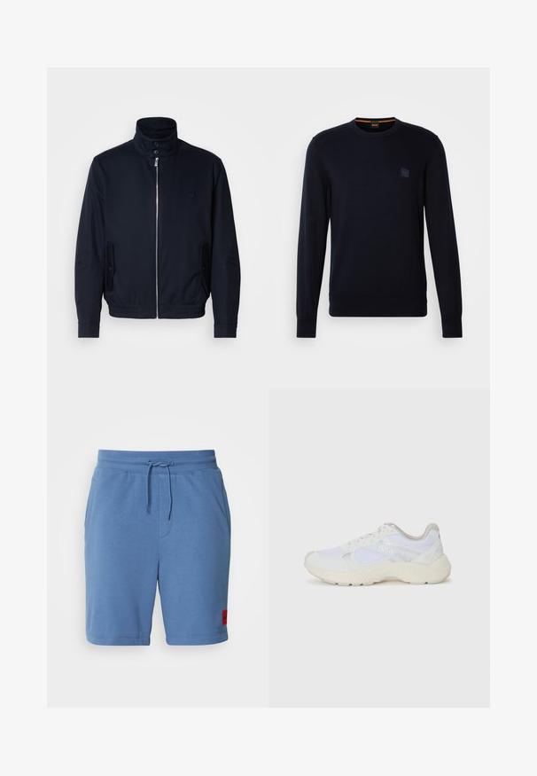 Navy blue jacket with a high collar, front zipper, side pockets, and ribbed cuffs. Smooth texture with a subtle logo detail on the chest.; Navy blue knit sweater with long sleeves, crew neckline, ribbed cuffs and hem, featuring a small square logo patch on the chest.; Light blue cotton shorts with an elastic waistband and adjustable drawstring. Features side pockets and a red logo patch on the left leg.; White athletic shoes made of mesh and suede, featuring a textured midsole, textured accents, and "HUGO" logo on the side.