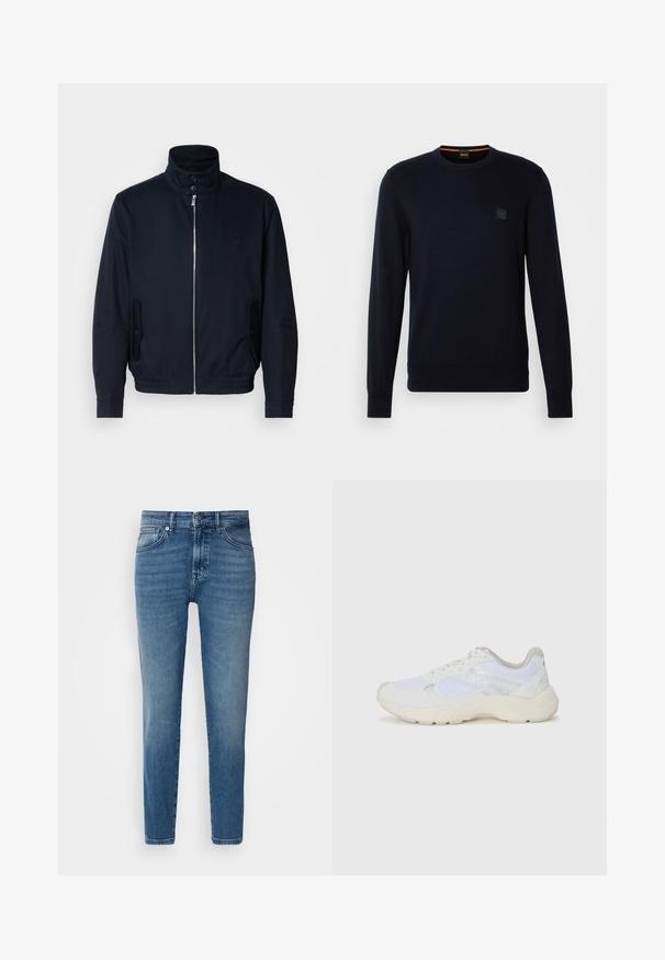 Jūras zils žakets ar augstu apkakli, priekšējo rāvējslēdzi, sānu kabatām un ribotajiem piedurknēm. Gluda tekstūra ar nelielu logotipa detaļu uz krūšu.; Tumši zils adīts džemperis ar garām piedurknēm, apaļu kakla izgriezumu, ribotu piedurkņu un apakšmalu, ar nelielu kvadrātveida logo uz krūtīm.; Gai zila džinsa bikses ar taisnu griezumu, tradicionālo piecu kabatu dizainu, metāla pogu aizdari un smalku izbalēšanu priekšpusē.; Baltas sporta apavi, kas izgatavoti no sieta un zamšāda, ar teksturētu starpzoli, teksturētām akcentēm un "HUGO" logo sānos.