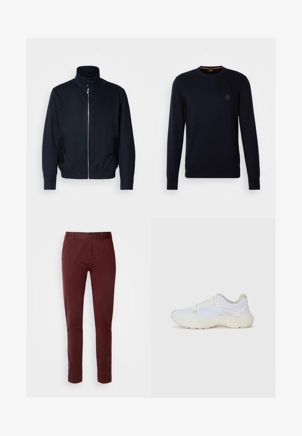 Casaco azul marinho com colarinho alto, fecho éclair frontal, bolsos laterais e punhos canelados. Textura suave com um detalhe logo discreto no peito.; Suéter de malha azul-marinho com mangas longas, decote redondo, punhos e bainha canelados, apresentando um pequeno patch logo quadrado no peito.; BOSS SLIM - Chinos - dark red; Ténis brancos desportivos feitos de malha e camurça, com uma entressola texturizada, elementos texturizados e o logótipo "HUGO" na lateral.