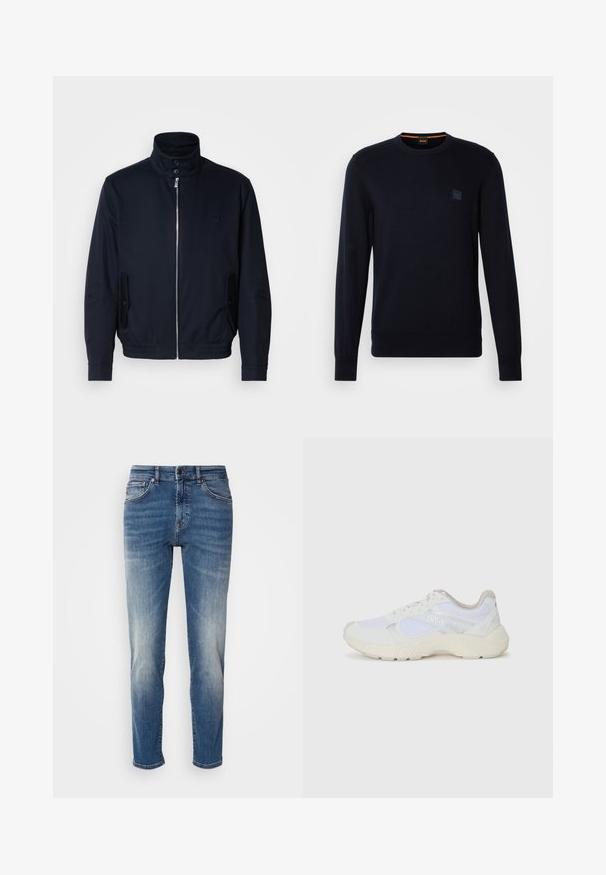 Marineblå jakke med høy krage, glidelås foran, sidelommer og ribbestrikkede mansjetter. Glatt tekstur med en subtil logo detaljer på brystet.; Marineblå strikkegenser med lange ermer, rund hals, ribbestrikkede mansjetter og nederkant, med et lite firkantet logo-patch på brystet.; Blå denimjeans med rette ben, lys falming, klassisk fem-lomme-stil og glidelås med knappelukking.; Hvit idrettssko laget av mesh og skinn, med en teksturert mellomsåle, teksturerte detaljer og "HUGO"-logo på siden.