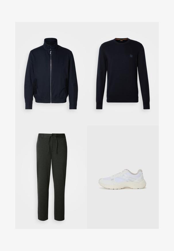 Jūras zils žakets ar augstu apkakli, priekšējo rāvējslēdzi, sānu kabatām un ribotajiem piedurknēm. Gluda tekstūra ar nelielu logotipa detaļu uz krūšu.; Tumši zils adīts džemperis ar garām piedurknēm, apaļu kakla izgriezumu, ribotu piedurkņu un apakšmalu, ar nelielu kvadrātveida logo uz krūtīm.; Tumši pelēki treniņbikses, kas izgatavotas no mīksta kokvilnas maisījuma. Iekļauj elastīgu jostasvietu ar aukliņu un sānu kabatām. Taisna kāju dizains.; Baltas sporta apavi, kas izgatavoti no sieta un zamšāda, ar teksturētu starpzoli, teksturētām akcentēm un "HUGO" logo sānos.