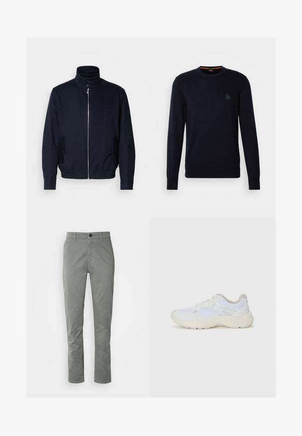 Tumesinine jope, millel on kõrge krae, ees tõmblukk, küljetaskud ja soonikkoes varrukad. Sile tekstuur koos õrnalt logo detailiga rinna piirkonnas.; Tumedan sinine kudumipullover, millel on pikad varrukad, ümar kaelus, soonikkraed ja -ääred ning rinnal väike ruudukujuline logo silt.; BOSS CHINO - Chino-püksid - open grey; Valged sportlikud jalanõud, mis on valmistatud võrkkangast ja seemisnahast, sisaldavad tekstureeritud vahetald, tekstureeritud aktsentide ning küljes oleva "HUGO" logo.