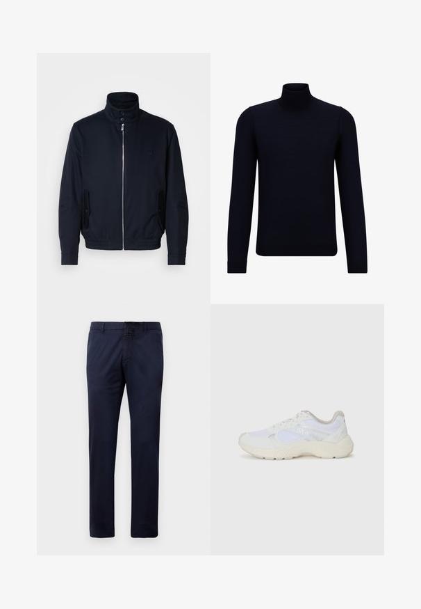 Tamno plava jakna s visokim ovratnikom, prednjim patentnim zatvaračem, bočnim džepovima i rebrastim manžetama. Glatka tekstura s suptilnim logotipom na prsima.; Tamno mornarskoplavi dukserica s visokom ovratnikom od finog pletenog materijala, dugih rukava i tijesnog kroja. Nema vidljivih uzoraka ili akcenta.; Temno plave ravne hlače sa petljama za remen, prednjim gumbom i bočnim džepovima, prikazane na bijeloj pozadini.; Bijele atletske tenisice napravljene od mrežastog materijala i kože antilop, s teksturiranom srednjom potplatom, teksturiranim detaljima i "HUGO" logotipom sa strane.