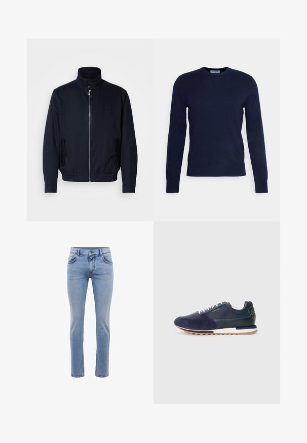 Tumesinine jope, millel on kõrge krae, ees tõmblukk, küljetaskud ja soonikkoes varrukad. Sile tekstuur koos õrnalt logo detailiga rinna piirkonnas.; Tumedat navy-sinise värvi ümarkaelusega soojusjakid, mis on valmistatud pehmest kangast, pikkade varrukate ja ribakujulise alläärega. Pole nähtavaid mustreid ega kaunistusi.; Heledad sinine denimist teksapüksid, kitsas lõige, viie taskuga ja sirge jalaga disain. Omab tõmblukkuga lukkuklappi ja vöörihmasid. Pehme tekstuur.; Tumed sinine samet- ja nahknikerdus valgete paeltega, tekstureeritud tallaga ning pruuni aktsendiga taga, kus on logo detail.
