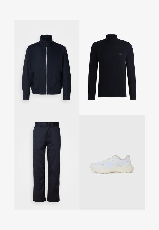 Marinblå jacka med hög krage, frontdragkedja, sidofickor och ribbade ärmar. Slät textur med en diskret logodetalj på bröstet.; Marinblå turtlenecktröja i mjukt stickat material, med långa ärmar och ribbat krage. Inkluderar en fyrkantig logotyp patch på bröstet.; Mörkblå byxor i slätt tyg med rak bendesign, bälteslingor, knappstängning och framfickor.; Vitaidrottsskor i mesh och mocka med en strukturerad mellansula, texturerade accenter och "HUGO"-logotypen på sidan.