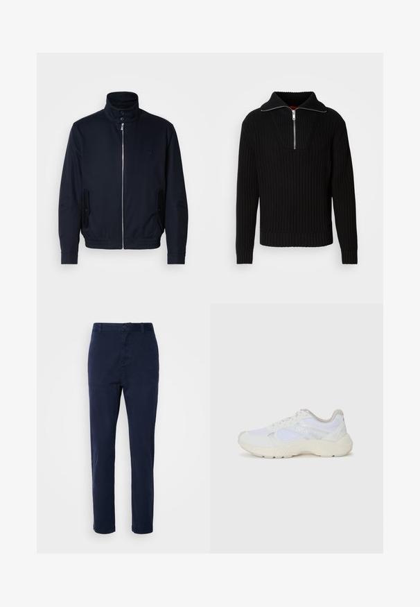Casaco azul marinho com colarinho alto, fecho éclair frontal, bolsos laterais e punhos canelados. Textura suave com um detalhe logo discreto no peito.; Sweater preto com nervuras, colarinho alto e fecho de correr curto. Apresenta um tecido texturizado e punhos ajustados, proporcionando uma silhueta estruturada.; Chinos azul-marinho feitos de tecido leve, com um design de perna reta, fecho de botão e bolsos laterais. Textura suave sem padrões.; Ténis brancos desportivos feitos de malha e camurça, com uma entressola texturizada, elementos texturizados e o logótipo "HUGO" na lateral.