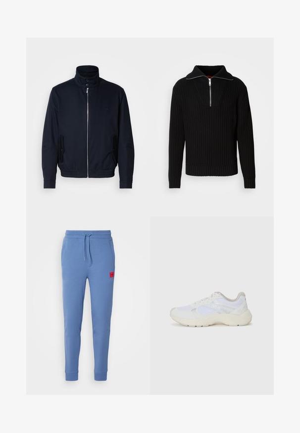 Granatowa kurtka z wysokim kołnierzem, przednim zamkiem, bocznymi kieszeniami i ściągaczami na mankietach. Gładka tekstura z subtelnym logo na klatce piersiowej.; Czarny sweter żeberkowy z wysokim kołnierzem i krótkim zamkiem. Posiada teksturowany materiał oraz dopasowane mankiety, co nadaje mu zarysowaną sylwetkę.; Niebieskie bawełniane dresy z elastyczną talią i sznurkiem do regulacji. Posiadają boczne kieszenie oraz czerwoną łatkę z logo na lewym udzie.; Białe sportowe buty wykonane z siateczki i zamszu, z teksturowaną podeszwą środkową, teksturowanymi akcentami i logo "HUGO" z boku.