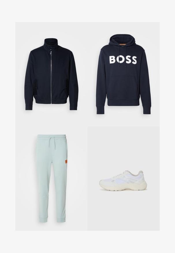 Marineblaue Jacke mit hohem Kragen, Vorderreißverschluss, seitlichen Taschen und gerippten Bündchen. Glatte Textur mit einem dezenten Logodetail auf der Brust.; Marineblaue Baumwollkapuzenjacke mit vorderer Kängurutasche, weißem "BOSS"-Logo, verstellbarem Zugband und gerippten Bündchen. Glatte Textur.; HUGO DOAK - Jogginghose - open grey; Weiße Sportschuhe aus Mesh und Wildleder, mit einer strukturierten Zwischensohle, strukturierten Akzenten und dem "HUGO"-Logo an der Seite.