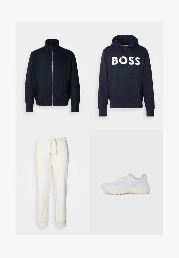 Marineblå jakke med høy krage, glidelås foran, sidelommer og ribbestrikkede mansjetter. Glatt tekstur med en subtil logo detaljer på brystet.; Marineblå bomull hettegenser med frontlomme, hvit "BOSS" logo, justerbar snøring og ribbestrikkede mansjetter. Glatt tekstur.; HUGO DAYOTE - Joggebukse - natural; Hvit idrettssko laget av mesh og skinn, med en teksturert mellomsåle, teksturerte detaljer og "HUGO"-logo på siden.
