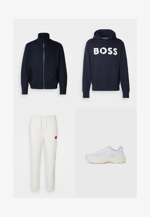 Marineblaue Jacke mit hohem Kragen, Vorderreißverschluss, seitlichen Taschen und gerippten Bündchen. Glatte Textur mit einem dezenten Logodetail auf der Brust.; Marineblaue Baumwollkapuzenjacke mit vorderer Kängurutasche, weißem "BOSS"-Logo, verstellbarem Zugband und gerippten Bündchen. Glatte Textur.; HUGO DOAK - Jogginghose - natur; Weiße Sportschuhe aus Mesh und Wildleder, mit einer strukturierten Zwischensohle, strukturierten Akzenten und dem "HUGO"-Logo an der Seite.